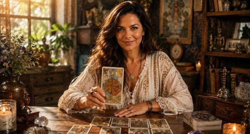 Elena Roca, vidente profesional, realizando una tirada de tarot del trabajo y dinero para predecir ascensos y cambios laborales.