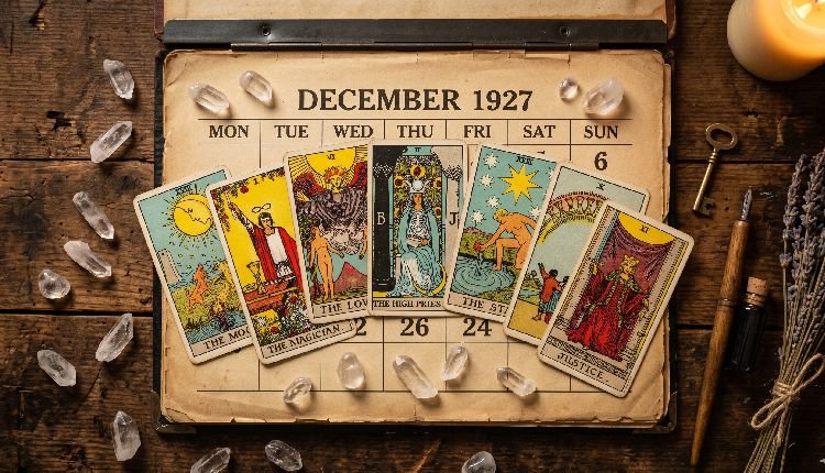 Cartas de tarot y calendario místico sobre una mesa, representando la lectura de videncia con fechas exactas por Elena Roca.