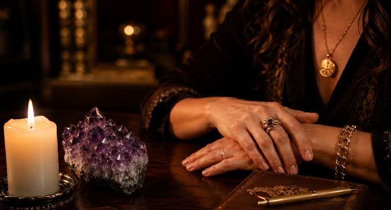 Elena Roca, vidente sin cartas en Barcelona, concentrándose para dar fechas exactas en una consulta de videncia pura.