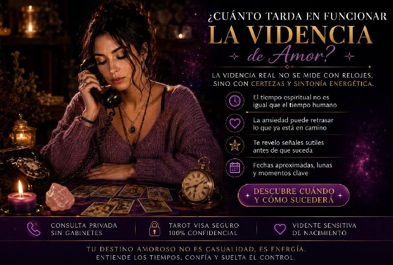 Vidente sensitiva real atendiendo una consulta telefónica sobre el tiempo en el amor